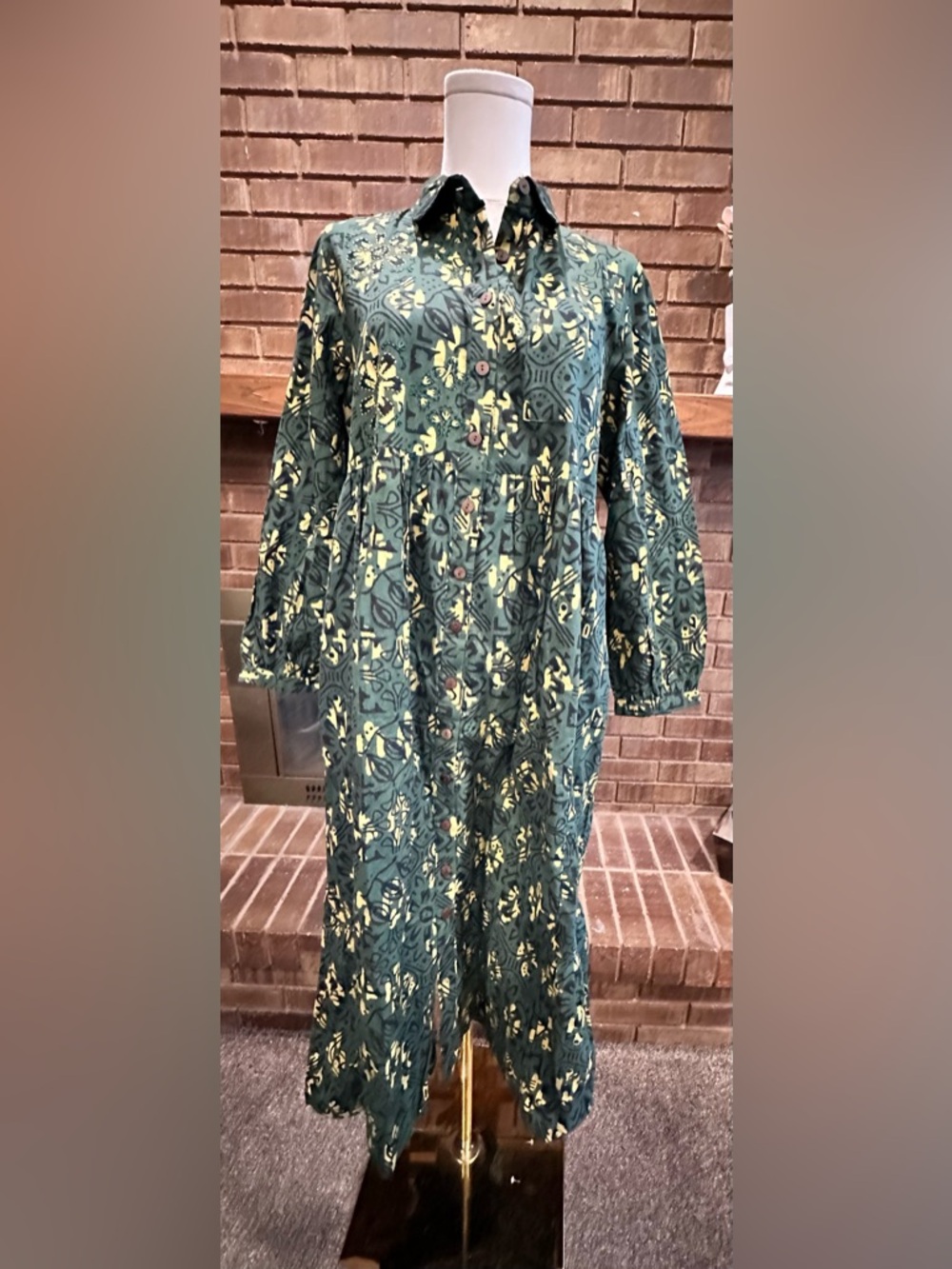 NWT Marketplace Handwork of India Green Floral Block Print Shirt Dress PS